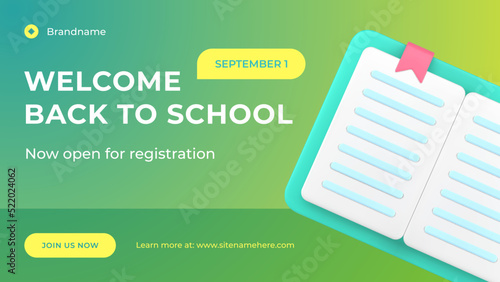 Welcome back to school open internet registration web banner paper book realistic 3d icon vector