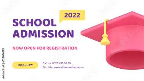 School admission academic cap graduation e learning distance education web banner 3d icon vector