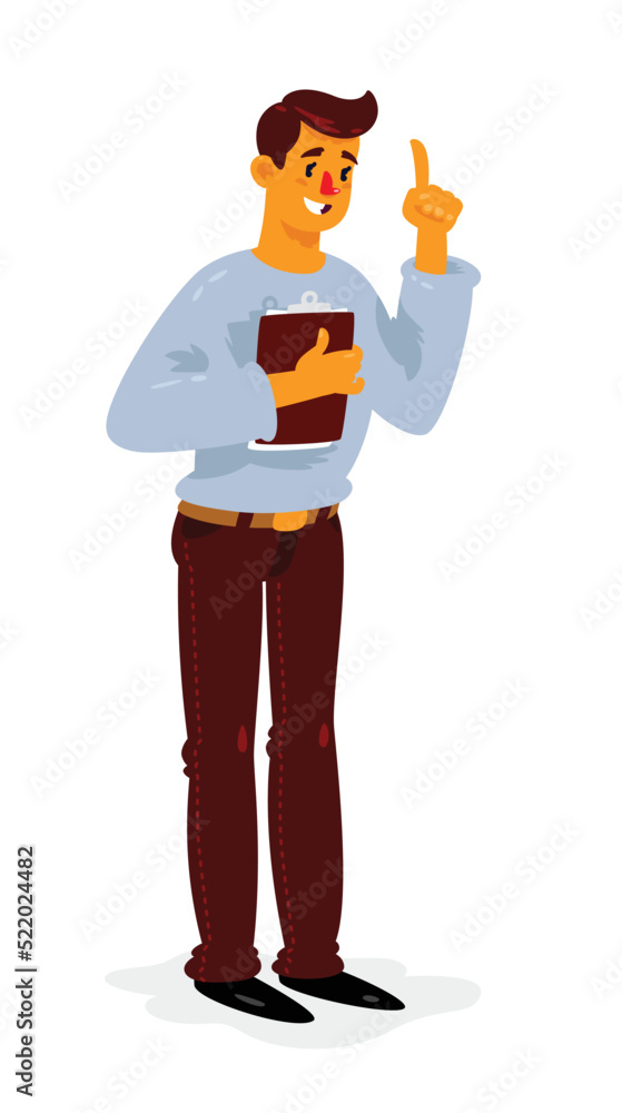 Illustration of a cartoon man with a folder. Vector. The manager in an exclamation position, calls and draws attention to himself. Coach for personal development. HR manager or sales person.