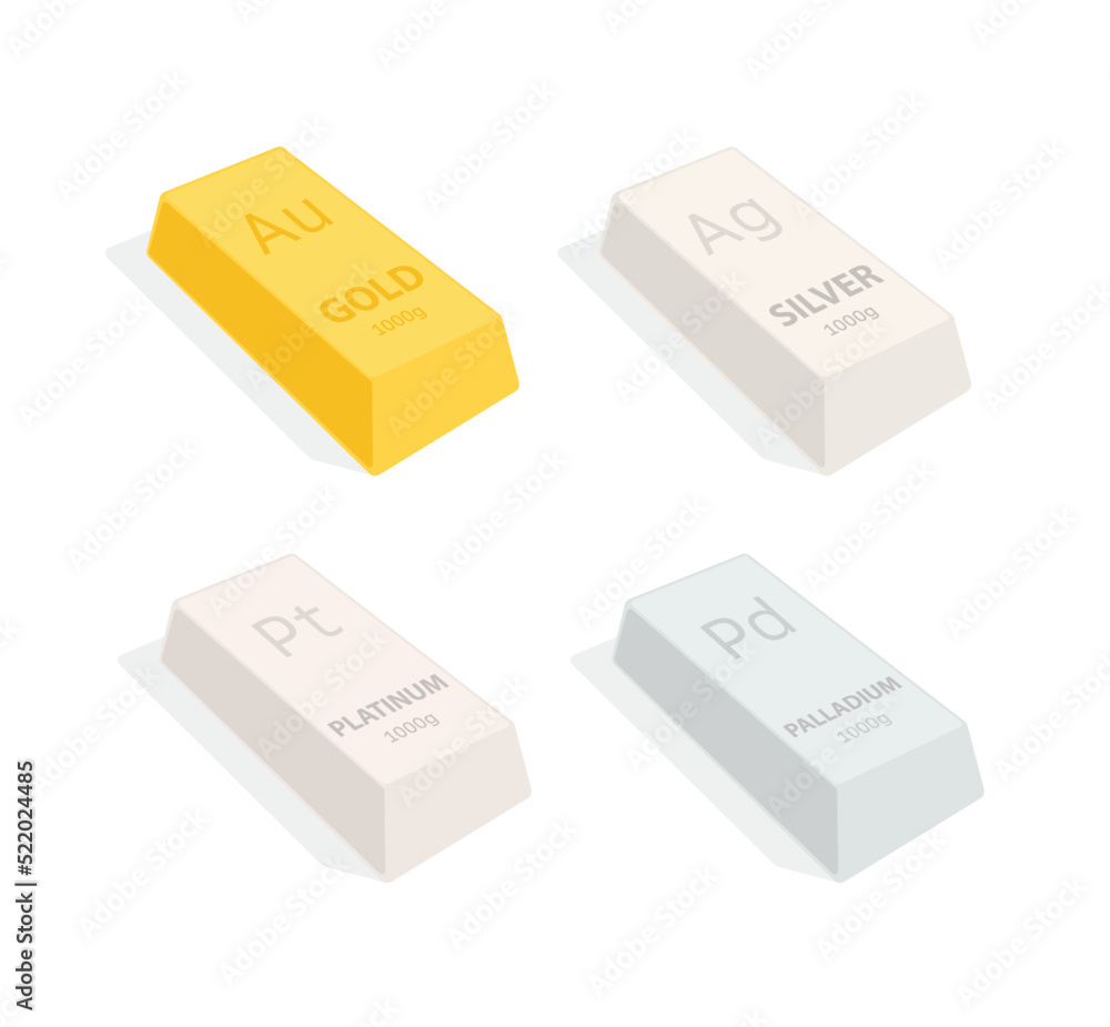 Ingot of gold, silver, platinum and palladium. Vector. Illustration of a metal ingot 1 kilogram. The purity of ingots is 99 percent. Icons for banking website or investment app. Ingot of gold, silver, platinum and palladium. Vector. Illustration of a metal ingot 1 kilogram. The purity of ingots is 99 percent. Icons for banking website or investment app.