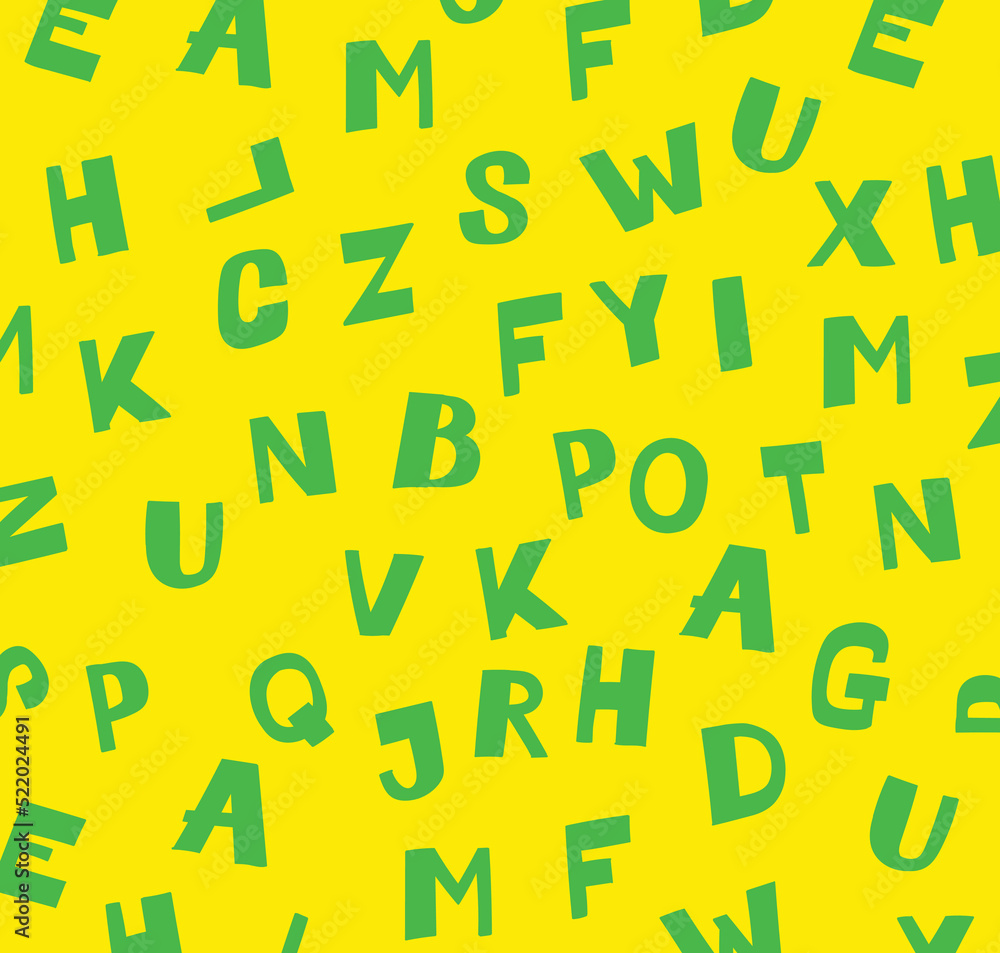 Pattern of green Latin letters on a yellow background. Vector. Ornament for paper packaging and fabric. Mind-blowing pattern for your design. Pattern of green Latin letters on a yellow background. Vector. Ornament for paper packaging and fabric. Mind-blowing pattern for your design.