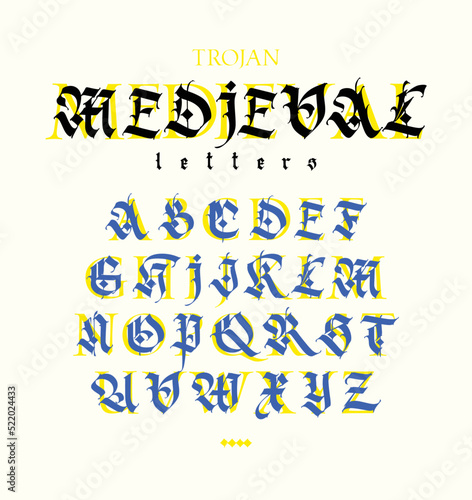 Gothic, display English alphabet. Vector. Medieval Latin letters. Mixing with antiqua. Old European style. Calligraphy and lettering.Gothic, display English alphabet. Vector. Medieval Latin letters. S