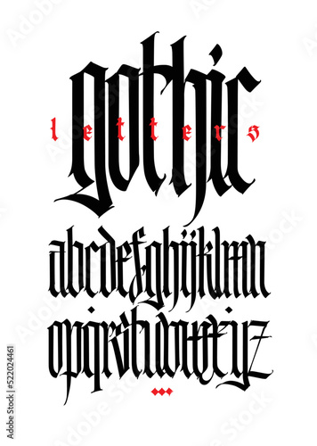 Gothic, display English alphabet. Vector. Medieval Latin letters. Classic old European style. Calligraphy and lettering. Lowercase letters for logos, labels and tattoos.