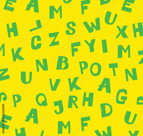 Pattern of green Latin letters on a yellow background. Vector. Ornament for paper packaging and fabric. Mind-blowing pattern for your design.