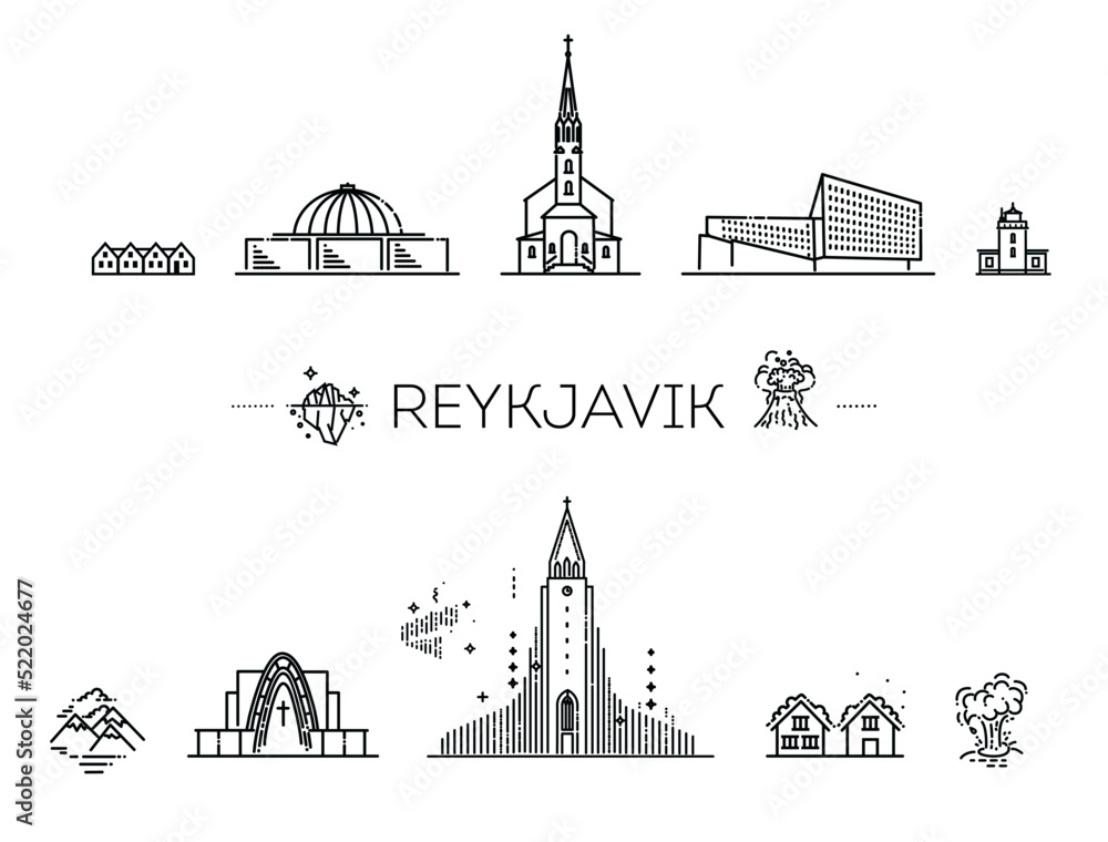 Reykjavik detailed monuments. Vector illustration - obrazy, fototapety, plakaty 