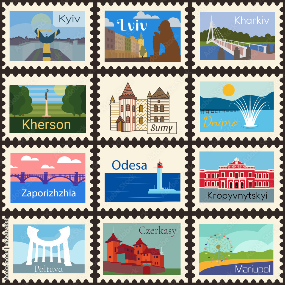 Stamps. cities of Ukraine. Vector. Silhouettes. Stickers. set