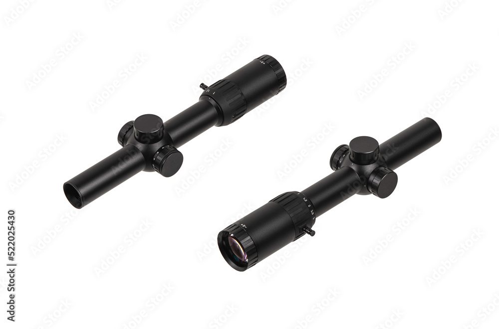 Optical sight for a sniper rifle. Modern sniper scope on a white back. Optical device for aiming and shooting at long distances. Optical sight for a sniper rifle. Modern sniper scope on a white back. Optical device for aiming and shooting at long distances.