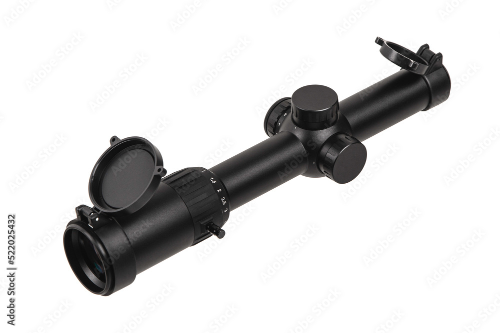 Optical sight for a sniper rifle. Modern sniper scope on a white back. Optical device for aiming and shooting at long distances. Optical sight for a sniper rifle. Modern sniper scope on a white back. Optical device for aiming and shooting at long distances.