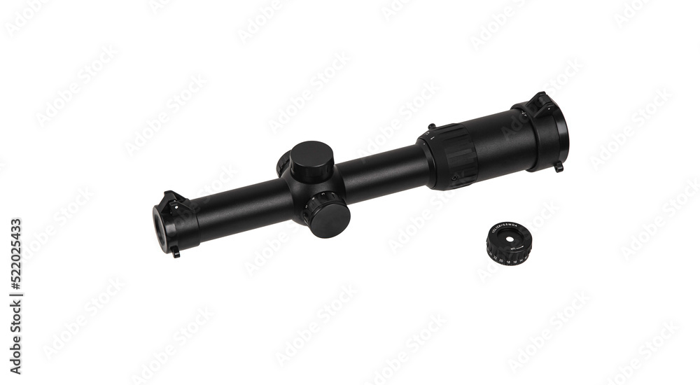 Optical sight for a sniper rifle. Modern sniper scope on a white back. Optical device for aiming and shooting at long distances. Optical sight for a sniper rifle. Modern sniper scope on a white back. Optical device for aiming and shooting at long distances.