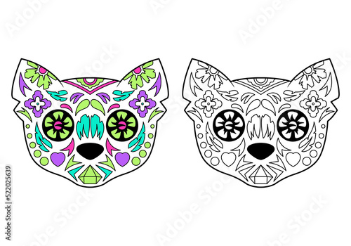 Cat sugar skull with coloring example.  The day of the Dead. Coloring book, design element.