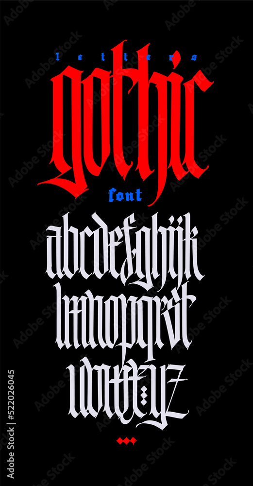 Gothic, English alphabet. Font for tattoo, personal and commercial purposes. Elements are isolated on a black background. Calligraphy and lettering. Individual letters. Gothic, English alphabet. Font for tattoo, personal and commercial purposes. Elements are isolated on a black background. Calligraphy and lettering. Individual letters.