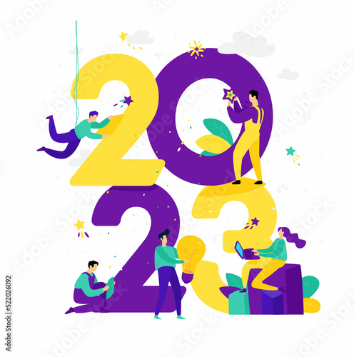 Illustration for the New Year 2023. People work around numbers. Businessmen celebrate Christmas. Employees in the office are going to celebrate. Flat style. Illustration for the calendar and site.