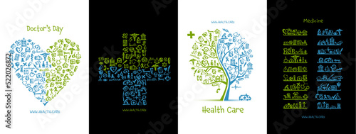 Medicine concept arts made from medical icons - Heart shape, cross, tree. Design for cards, banners, poster, web, print, social media, promotional materials. Vector illustration