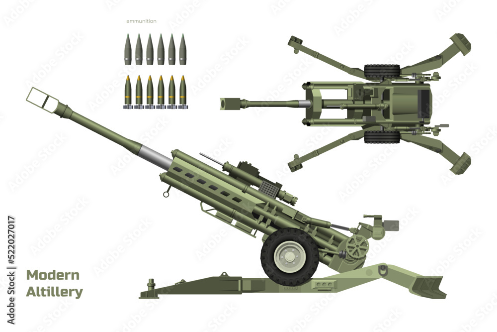 Modern artillery. Isolated 3d cannon. Top, side view of military weapon