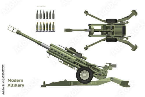 Modern artillery. Isolated 3d cannon. Top, side view of military weapon. Army gun with ammunition