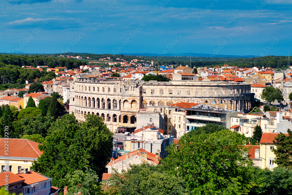 Aerial view of Pula, Croatia, with its main tourist attraction - Roman amphitheatre Arena
