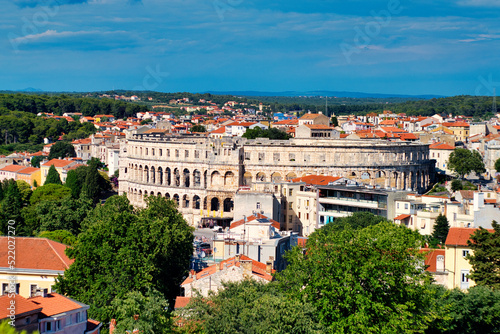 Aerial view of Pula, Croatia, with its main tourist attraction - Roman amphitheatre Arena 
