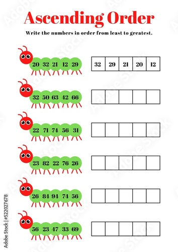Arrange the ascending numbers order activity for kindergarten school kids, kids math book printable pages.