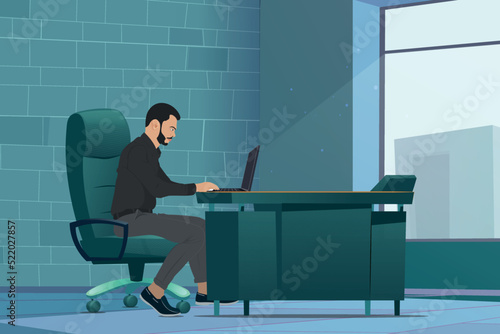 Young business man in black set in office working on laptop, Gulf business man set on chair in his desk working