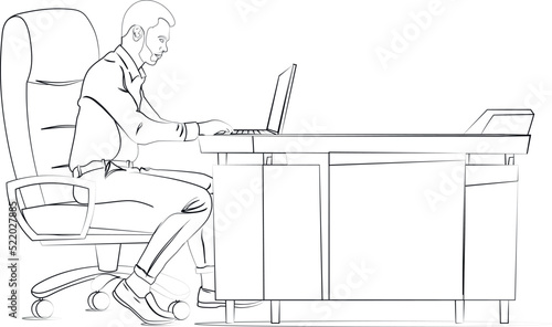 Young business man set in office working on laptop Outline vector design, Gulf business man set on chair in his desk working