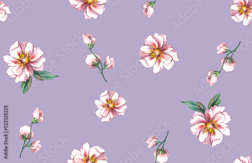 Bright feminine watercolor botanical floral fashionable stylish pattern with peony flowers pastel lilac background. 