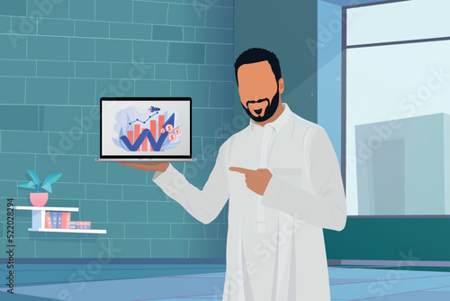 Vector Male Character holing laptop, Arab man pointing at laptop, Arab Man in White holding laptop with diagram