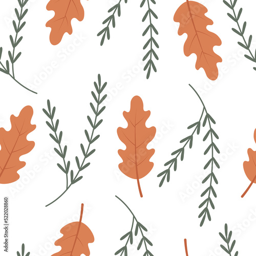 Seamless cozy autumn pattern with oak leaves and a twig. Vector illustration for warm falling  printing on clothes  packaging  fabric  paper.
