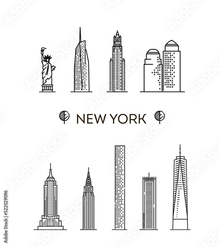 New York architecture line skyline illustration. Linear vector cityscape with famous landmarks