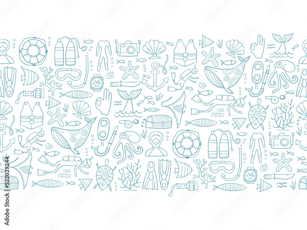 Scuba Diving, underwater activity. Summer vacation, marine life concept. Semless pattern background for your design