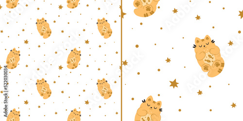 Seamless pattern with cute cats in the stars on a white background. Children's texture in scandinavian style for fabric, textile, clothing, nursery decoration. Vector illustration