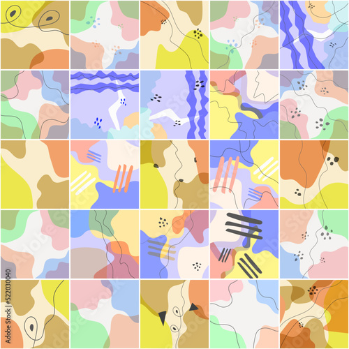 Abstract hand drawn doodle shapes pastel colors.