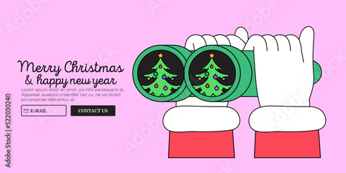 Santa hands hold binoculars and look through them. Eyes searching for christmas tree or gifts on christmas market or sale. Website, social media advertising, ui or application banner design template.
