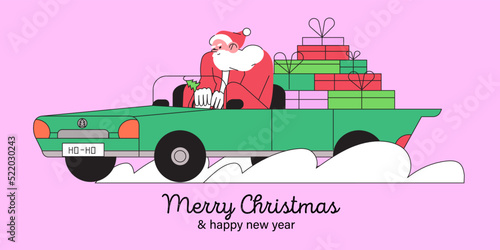 Christmas or new year greeting card with santa claus riding a car delivering presents or gifts to people. Creative banner, card web page, poster, social media advertisement with funny modern santa.