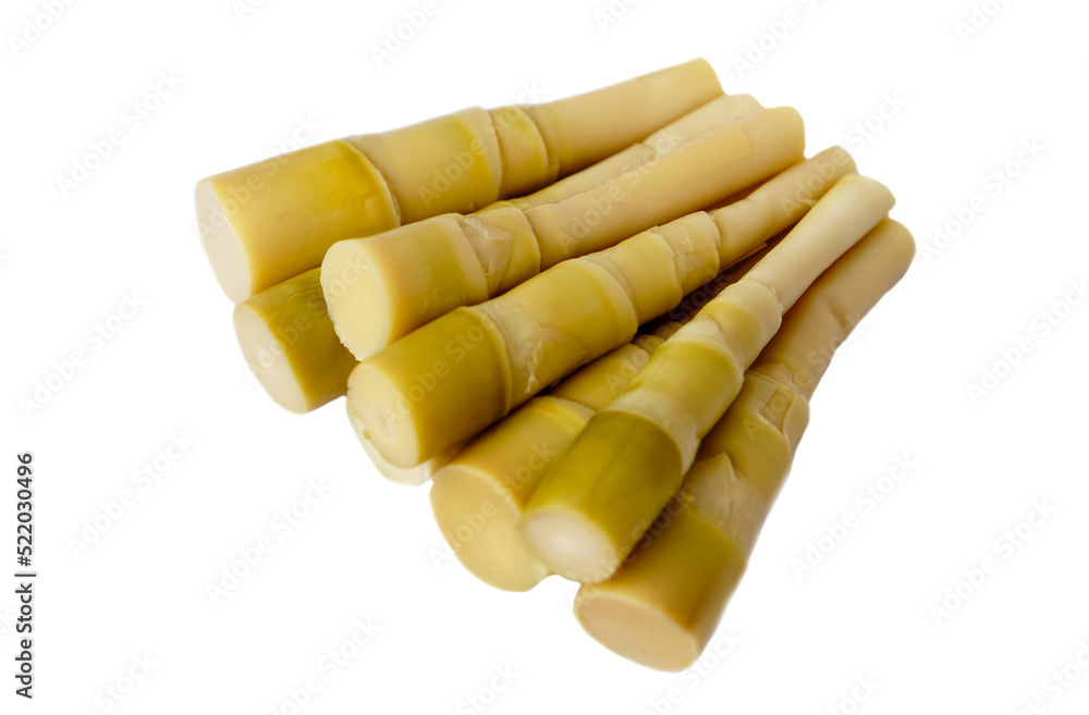 Pile of boiled bamboo shoots on white background, local Thai food