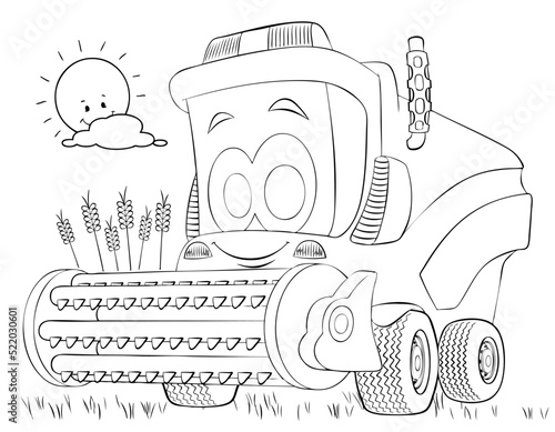 Cartoon combine harvester for coloring page.	