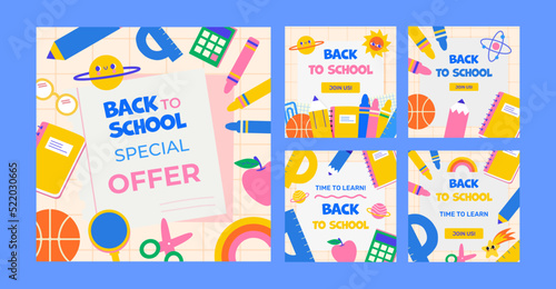 Set of 5 Back to School Templates. Modern, bright with a variety of school supplies and cute little planets. This design will make your advertisement, invitation or poster stand out.