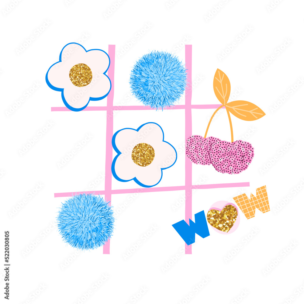 Tic-tac-toe cute print. Girlish fashion graphic with flowers, cherries, glitter elements. Vector hand drawn illustration.
