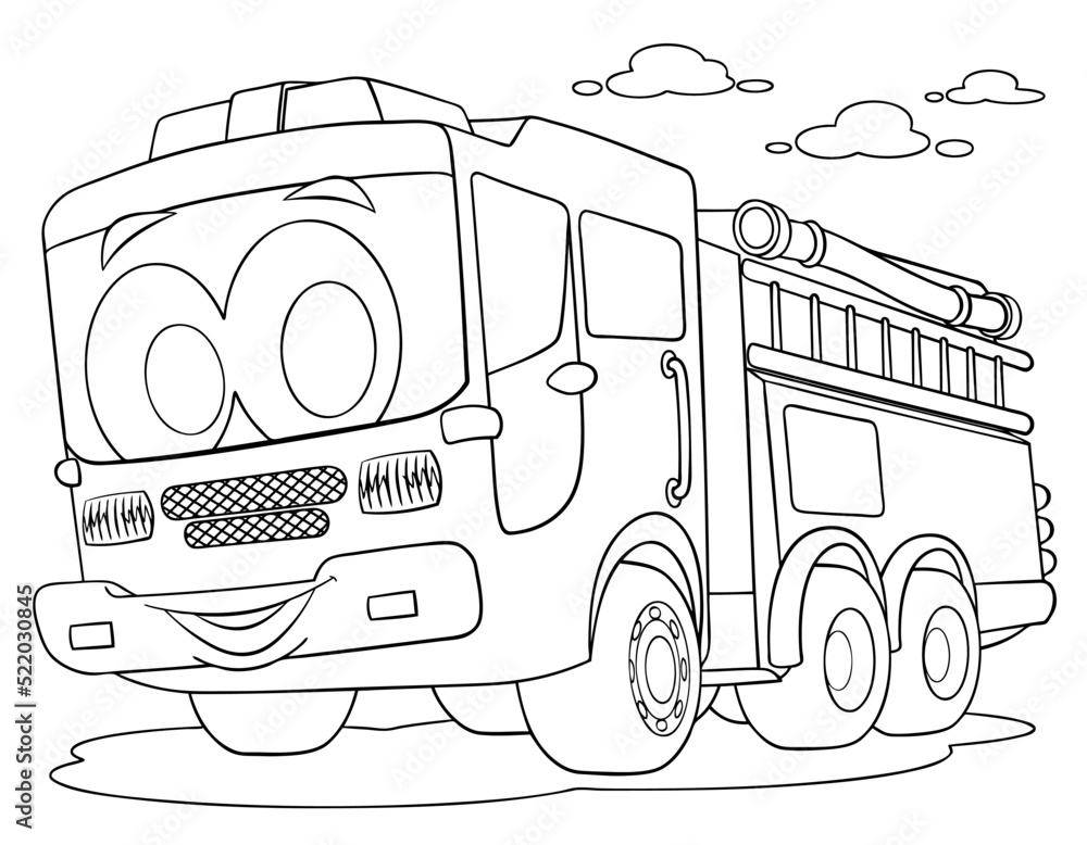 Cartoon fire truck for coloring page. Stock Vector | Adobe Stock