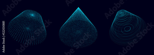 Set of deformed wireframe cones from different sides. Vector abstract geometric 3D objects. Technology block chain network connection.
