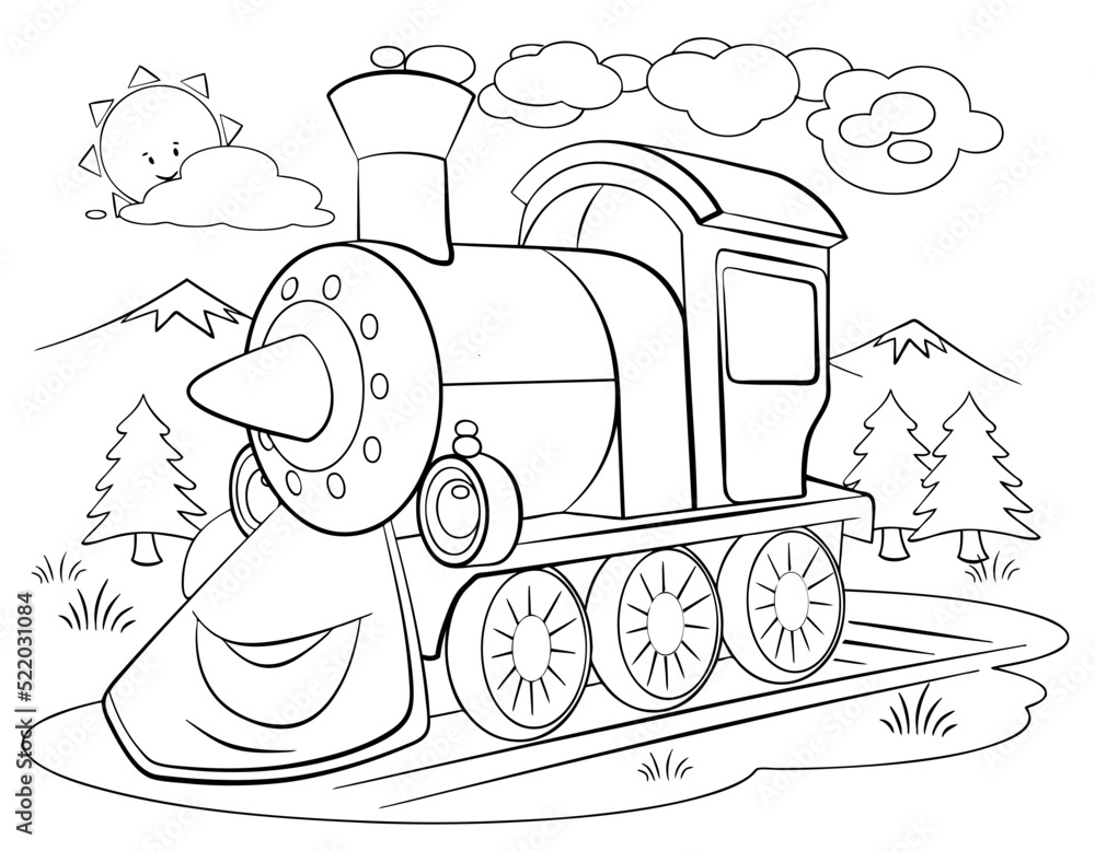 Cartoon locomotive for coloring page. Stock Vector | Adobe Stock