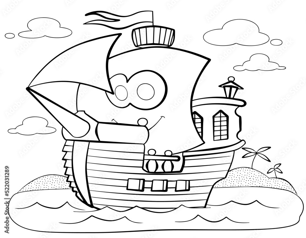 Cartoon pirate ship for coloring page. Stock Vector | Adobe Stock