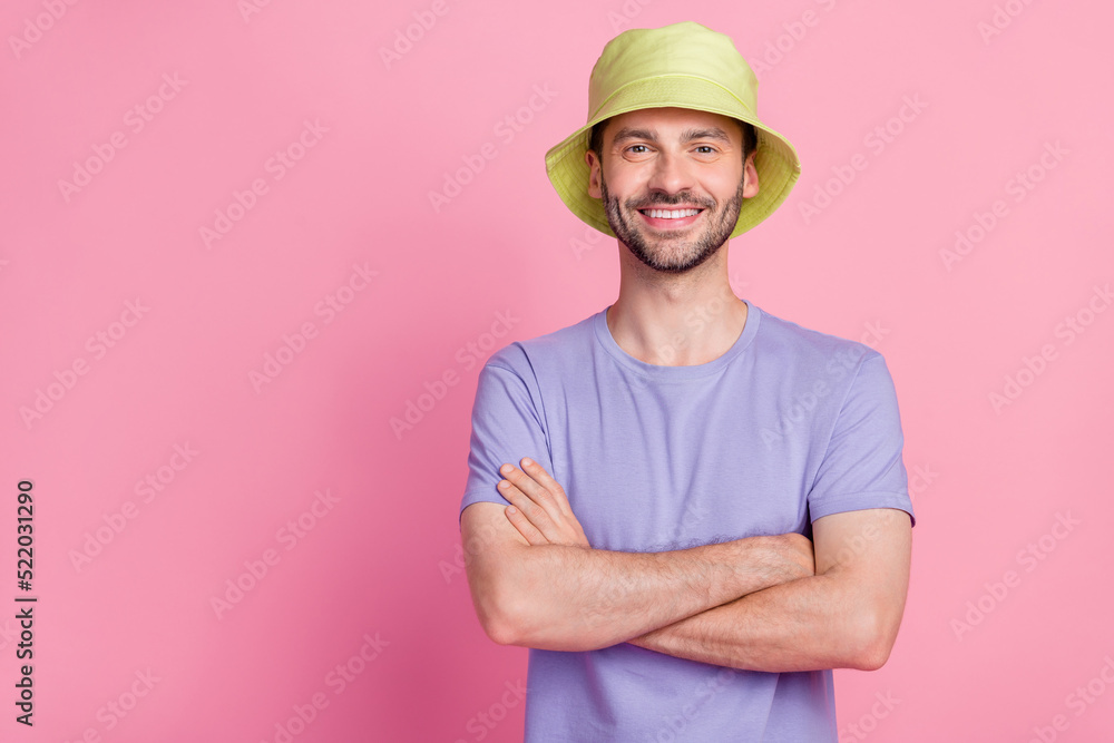 Photo of cool positive good mood boy wear violet outfit clothes trendy sunhat panama stand empty space isolated on pink color background Photo of cool positive good mood boy wear violet outfit clothes trendy sunhat panama stand empty space isolated on pink color background