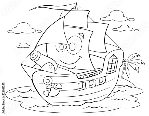 Cartoon pirate ship for coloring page.	