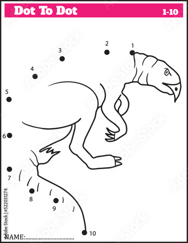 Funny cartoon dinosaur. Dot to dot game for kids, Numbers Worksheet.