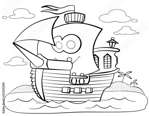 Cartoon pirate ship for coloring page.	