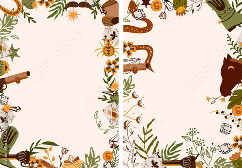 Wild West with horse head, playing cards, mystical snake, a cowboy hat, cactus and others. Combo western cards for your holiday. Further Old West in flat style. Vector illustration