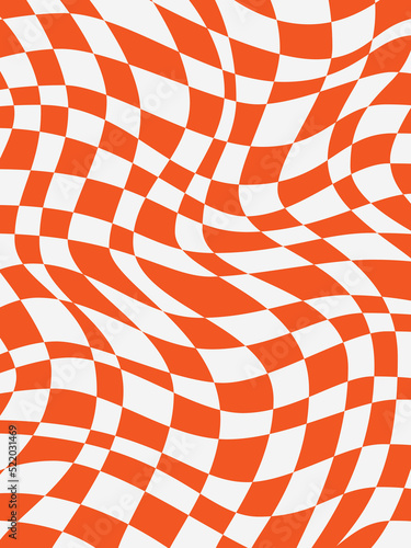 Checkered distorted background. Abstract pattern in a curved cell. Checkerboard red and white background for covers, posters, home decor, office design. Chess pattern. Chessboard surface. Vector