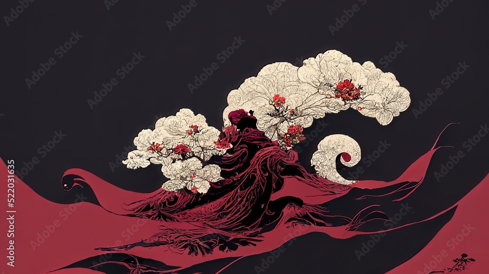 Abstract chinese, japanese ink calligraphy painting. Black and red abstract illustration painted