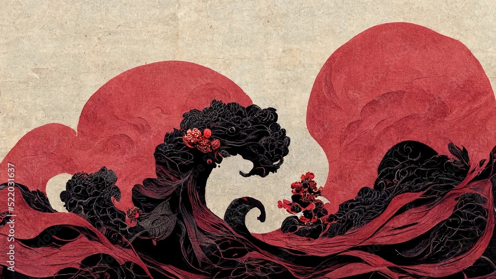 Abstract chinese, japanese ink calligraphy painting. Black and red abstract illustration painted