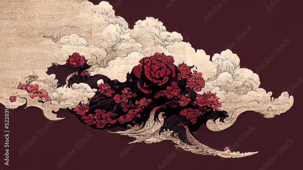 Abstract chinese, japanese ink calligraphy painting. Black and red abstract illustration painted